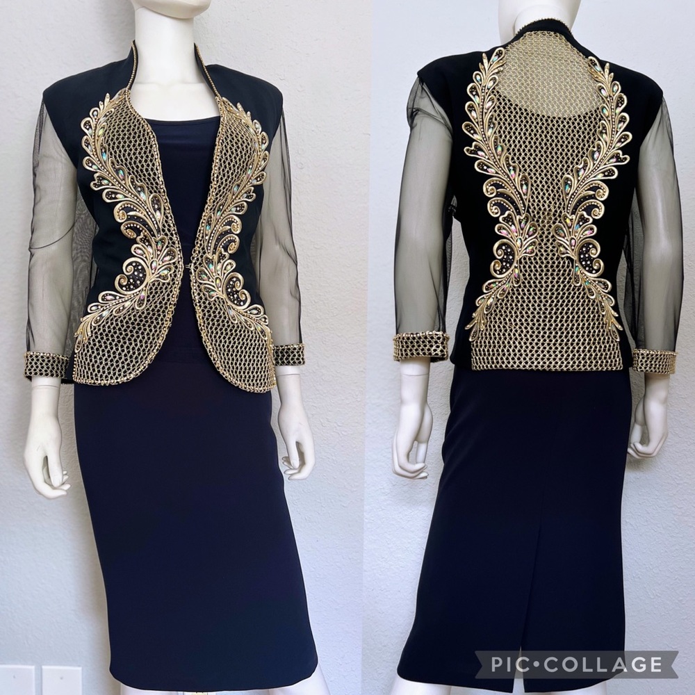 NEW WOMEN PLUS SIZE SKIRT SUIT‎ 3PC BLAZER/SKIRT/TOP NAVY BLUE FORMAL RHINESTONE